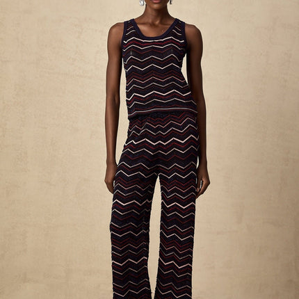 Gabriela Navy Blue & Multicolor Zigzag Crochet Knit Top Trousers Ensemble