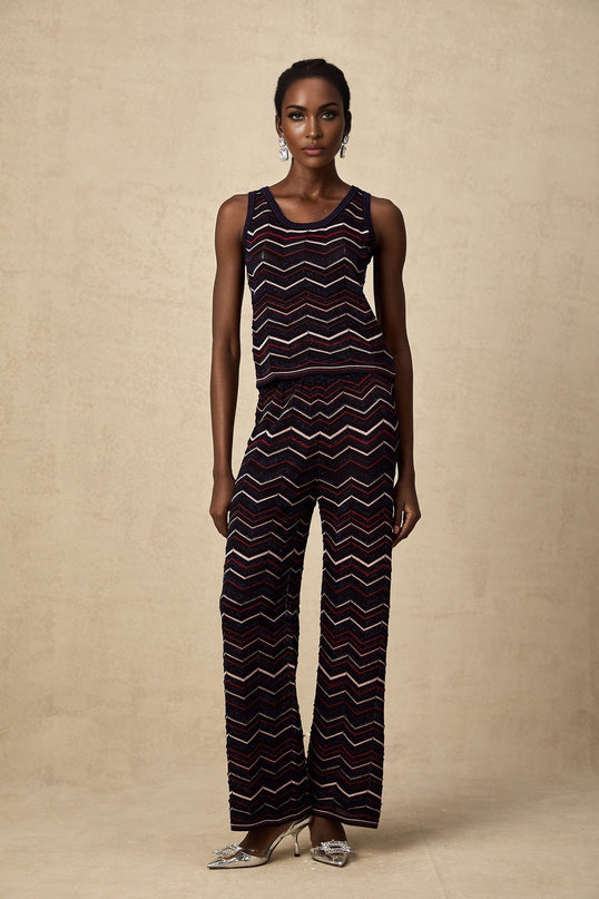 Gabriela Navy Blue & Multicolor Zigzag Crochet Knit Top Trousers Ensemble