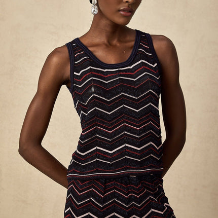Gabriela Navy Blue & Multicolor Zigzag Crochet Knit Top Trousers Ensemble