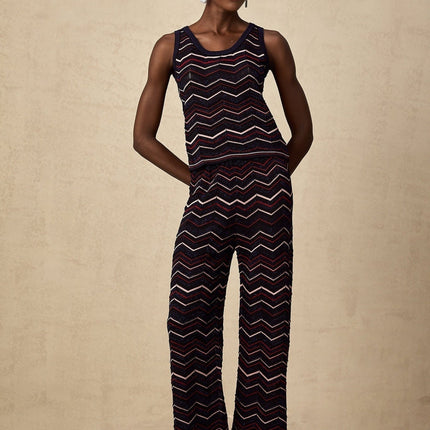 Gabriela Navy Blue & Multicolor Zigzag Crochet Knit Top Trousers Ensemble