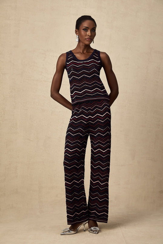 Gabriela Navy Blue & Multicolor Zigzag Crochet Knit Top Trousers Ensemble