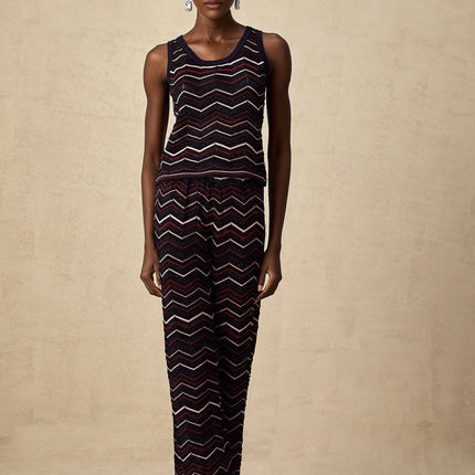 Gabriela Navy Blue & Multicolor Zigzag Crochet Knit Top Trousers