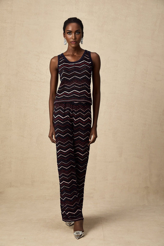 Gabriela Navy Blue & Multicolor Zigzag Crochet Knit Top Trousers