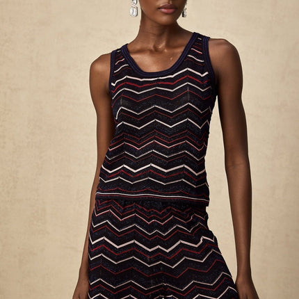 Gabriela Navy Blue & Multicolor Zigzag Crochet Knit Top Trousers Ensemble