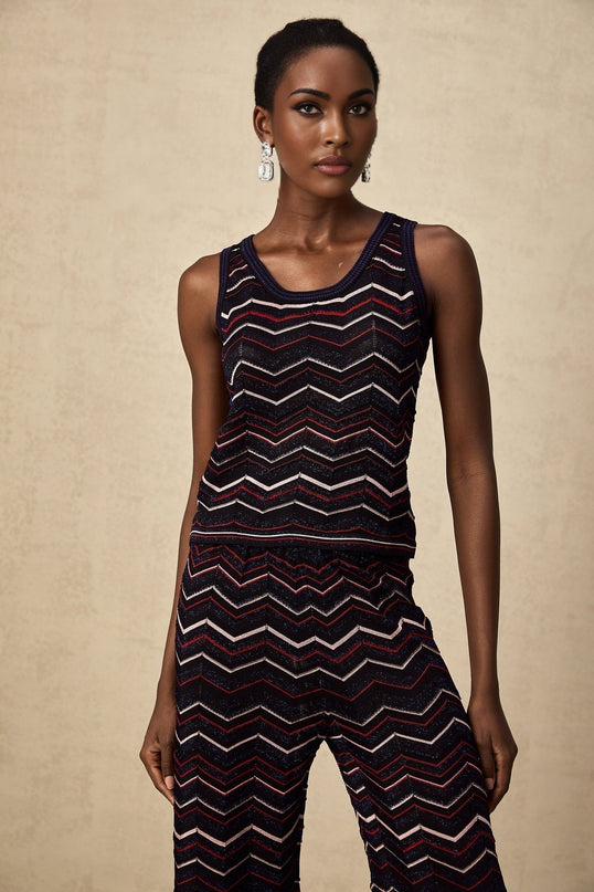 Gabriela Navy Blue & Multicolor Zigzag Crochet Knit Top Trousers Ensemble