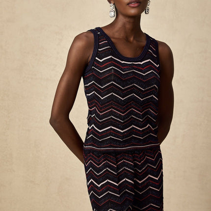 Gabriela Navy Blue & Multicolor Zigzag Crochet Knit Top Trousers Ensemble