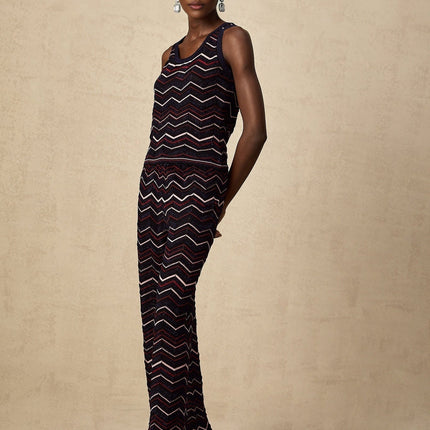 Gabriela Navy Blue & Multicolor Zigzag Crochet Knit Top Trousers Ensemble