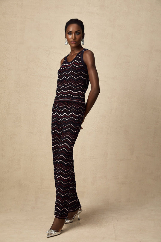 Gabriela Navy Blue & Multicolor Zigzag Crochet Knit Top Trousers Ensemble