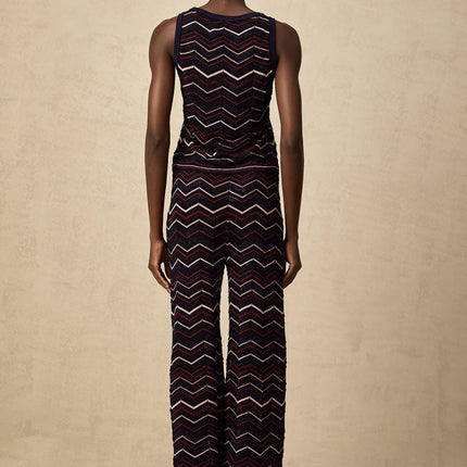 Gabriela Navy Blue & Multicolor Zigzag Crochet Knit Top Trousers Ensemble