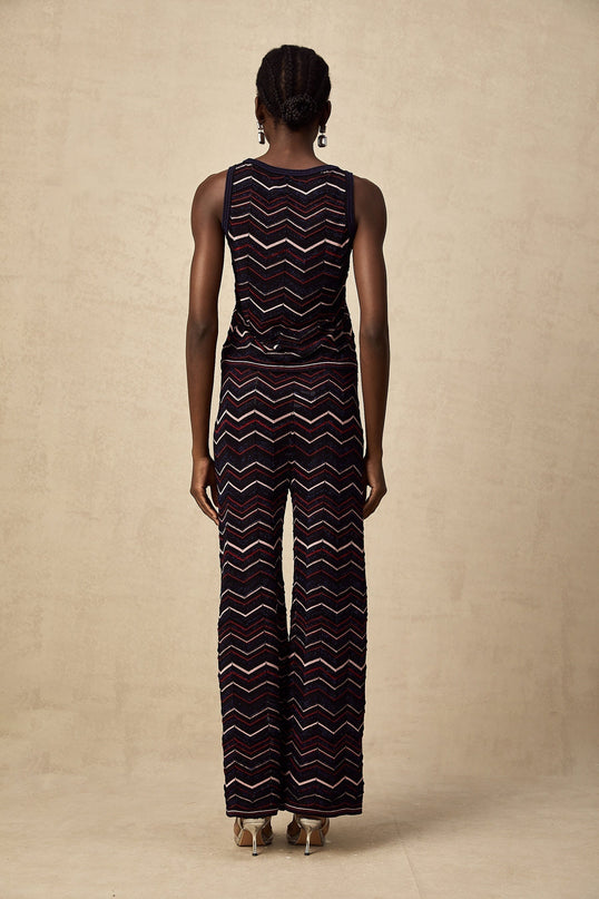 Gabriela Navy Blue & Multicolor Zigzag Crochet Knit Top Trousers Ensemble
