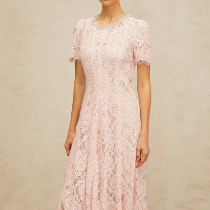 Gabriela Pink Floral Lace Midi Dress with Crystal and Faux-Pearl Embellishments