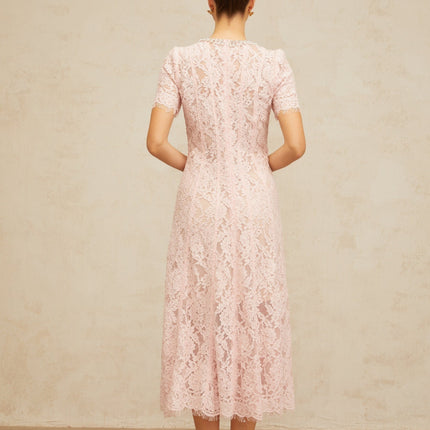 Gabriela Pink Floral Lace Midi Dress with Crystal and Faux-Pearl Embellishments
