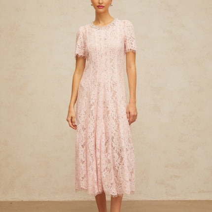 Gabriela Pink Floral Lace Midi Dress with Crystal and Faux-Pearl Embellishments