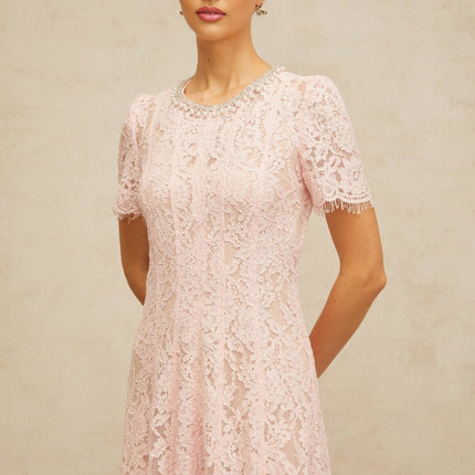 Gabriela Pink Floral Lace Midi Dress with Crystal and Faux-Pearl Embellishments