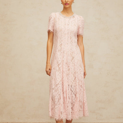 Gabriela Pink Floral Lace Midi Dress with Crystal and Faux-Pearl Embellishments