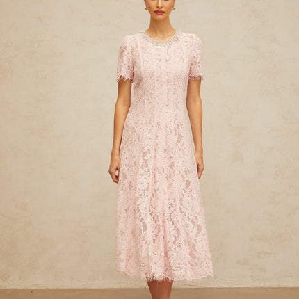 Gabriela Pink Floral Lace Midi Dress with Crystal and Faux-Pearl Embellishments