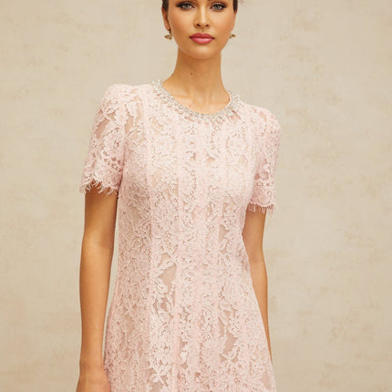 Gabriela Pink Floral Lace Midi Dress with Crystal and Faux-Pearl Embellishments