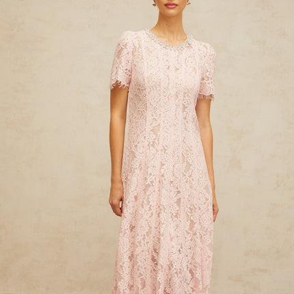 Gabriela Pink Floral Lace Midi Dress with Crystal and Faux-Pearl Embellishments