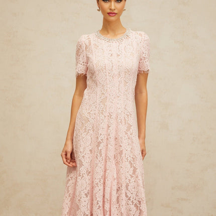 Gabriela Pink Floral Lace Midi Dress with Crystal and Faux-Pearl Embellishments