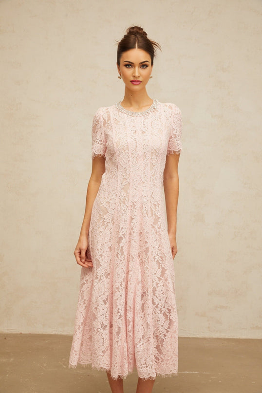 Gabriela Pink Floral Lace Midi Dress with Crystal and Faux-Pearl Embellishments