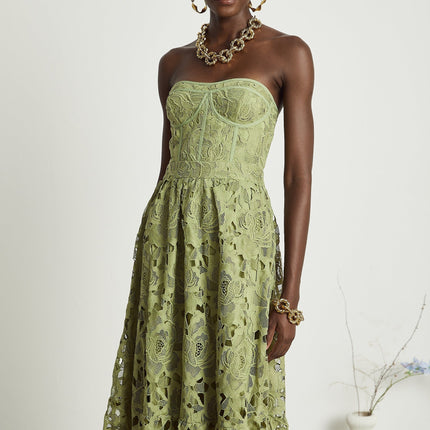 Gabriella Green Floral Midi Dress elegance sophistication embroidery lace trim off-shoulder bustier cut-out design flounce hem high-waisted silhouette Terylene fiber luxurious style comfort timeless piece day evening