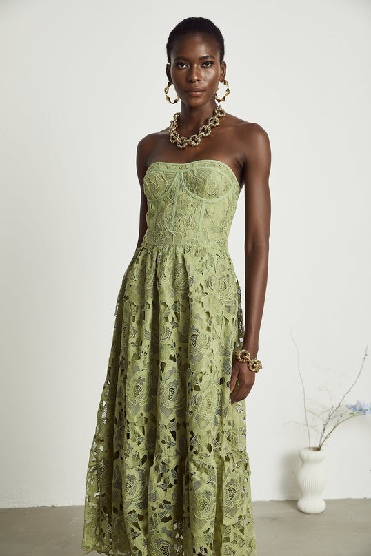 Gabriella Green Floral Midi Dress elegance sophistication embroidery lace trim off-shoulder bustier cut-out design flounce hem high-waisted silhouette Terylene fiber luxurious style comfort timeless piece day evening