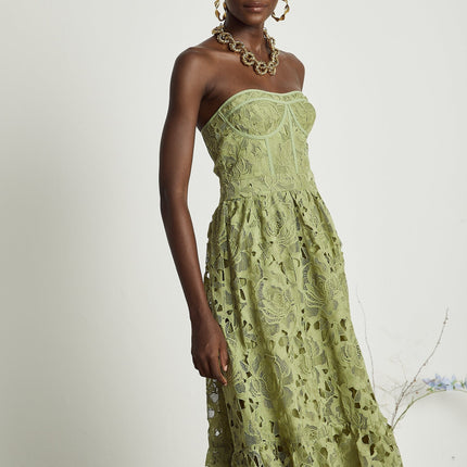 Gabriella Green Floral Midi Dress elegance sophistication allure embroidery lace trim off-shoulder bustier cut-out design flounce hem high-waisted silhouette Terylene fiber luxurious style comfort timeless day evening