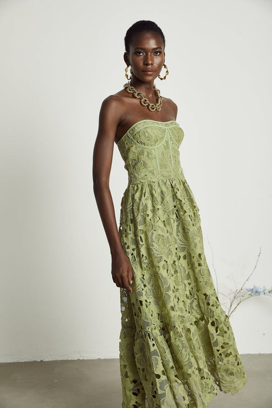Gabriella Green Floral Midi Dress elegance sophistication allure embroidery lace trim off-shoulder bustier cut-out design flounce hem high-waisted silhouette Terylene fiber luxurious style comfort timeless day evening