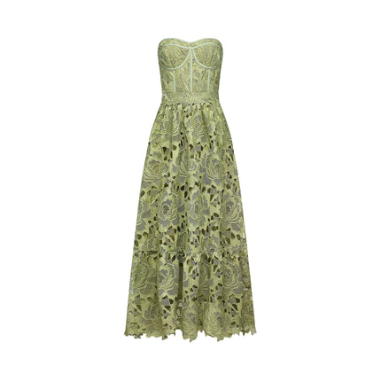 Gabriella Green Floral Midi Dress Elegant Sophisticated Lace Trim Bustier Cut-Out Flounce Hem High-Waisted Terylene Fiber Luxury Comfortable Day Evening Wear