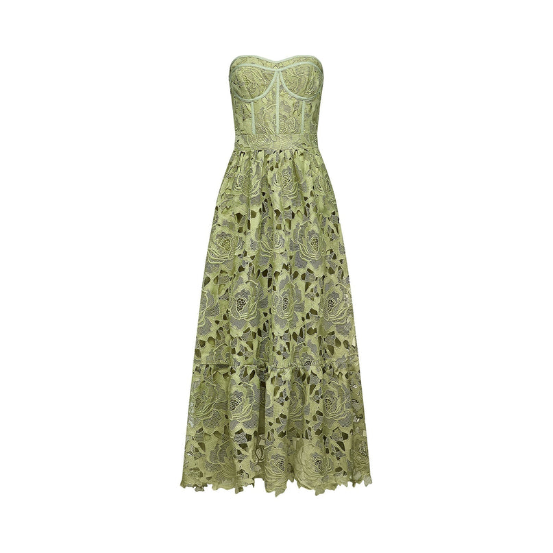 Gabriella Green Floral Midi Dress Elegant Sophisticated Lace Trim Bustier Cut-Out Flounce Hem High-Waisted Terylene Fiber Luxury Comfortable Day Evening Wear
