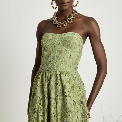 Gabriella Green Floral Midi Dress elegance sophistication allure embroidery lace trim off-shoulder bustier cut-out flounce hem high-waisted silhouette Terylene fiber luxurious style comfort timeless day evening