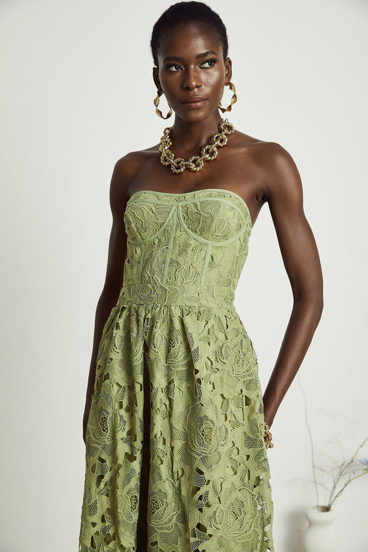 Gabriella Green Floral Midi Dress elegance sophistication allure embroidery lace trim off-shoulder bustier cut-out flounce hem high-waisted silhouette Terylene fiber luxurious style comfort timeless day evening
