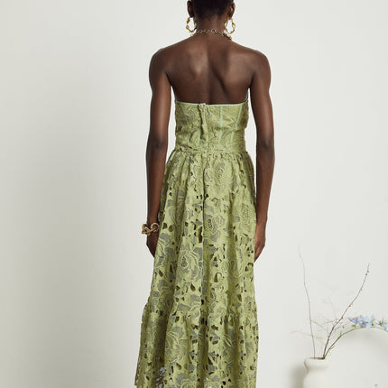 Gabriella Green Floral Midi Dress Elegant Sophisticated Embroidery Lace Trim Off-Shoulder Bustier Cut-Out Flounce Hem High-Waisted Terylene Fiber Luxurious Comfortable Timeless Day Evening