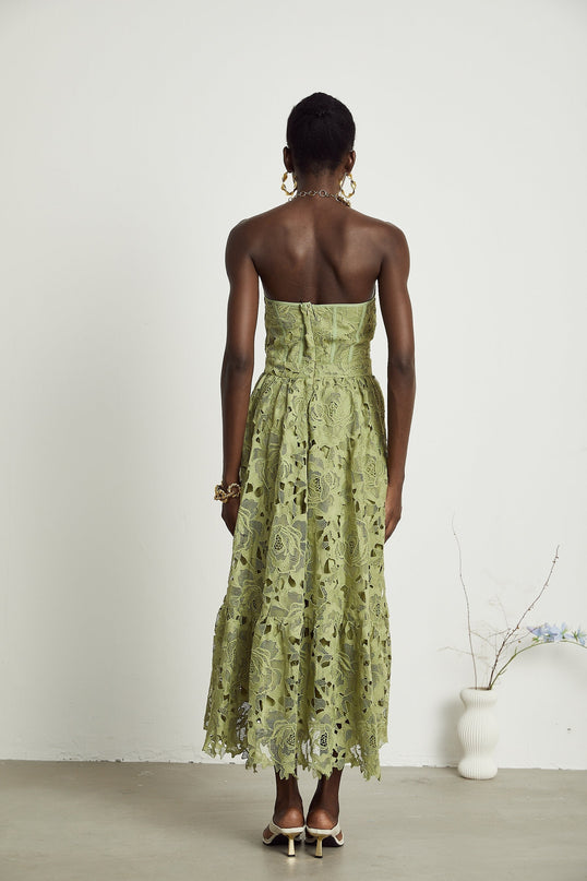 Gabriella Green Floral Midi Dress Elegant Sophisticated Embroidery Lace Trim Off-Shoulder Bustier Cut-Out Flounce Hem High-Waisted Terylene Fiber Luxurious Comfortable Timeless Day Evening