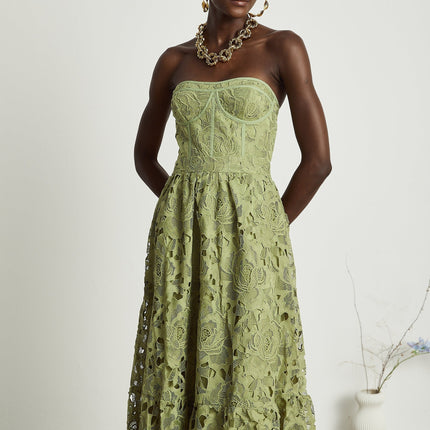 Gabriella Green Floral Midi Dress elegance sophistication allure embroidery lace trim off-shoulder bustier cut-out flounce hem high-waisted silhouette Terylene fiber luxurious comfort timeless day evening