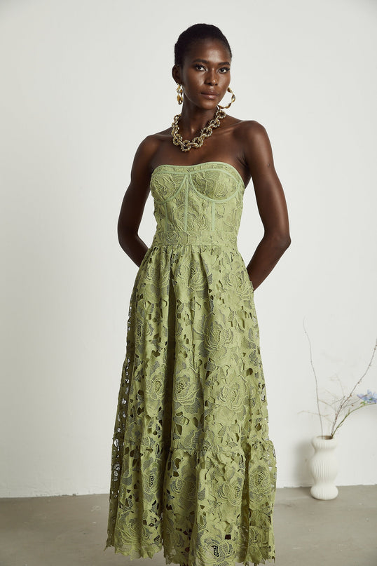 Gabriella Green Floral Midi Dress elegance sophistication allure embroidery lace trim off-shoulder bustier cut-out flounce hem high-waisted silhouette Terylene fiber luxurious comfort timeless day evening