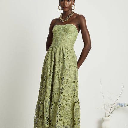 Gabriella Green Floral Midi Dress with Lace Trim and Cut-Out Design