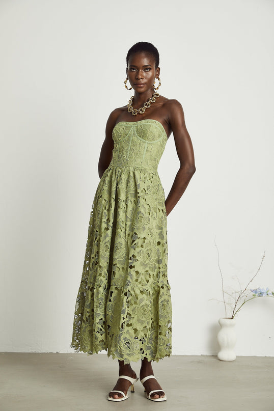 Gabriella Green Floral Midi Dress with Lace Trim and Cut-Out Design