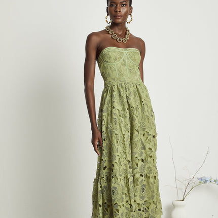 Gabriella Green Floral Midi Dress elegance sophistication allure embroidery lace off-shoulder bustier cut-out flounce high-waisted Terylene fiber luxurious style comfort timeless day evening