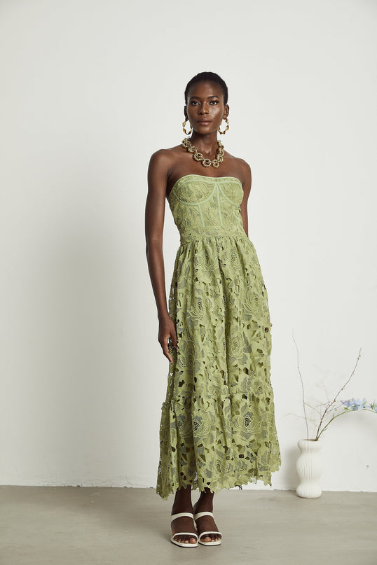 Gabriella Green Floral Midi Dress elegance sophistication allure embroidery lace off-shoulder bustier cut-out flounce high-waisted Terylene fiber luxurious style comfort timeless day evening