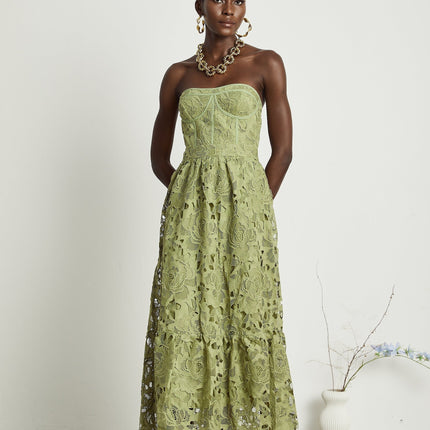 Gabriella Green Floral Midi Dress elegance sophistication allure embroidery lace trim off-shoulder bustier cut-out flounce hem high-waisted silhouette Terylene fiber luxurious blend style comfort timeless piece day evening