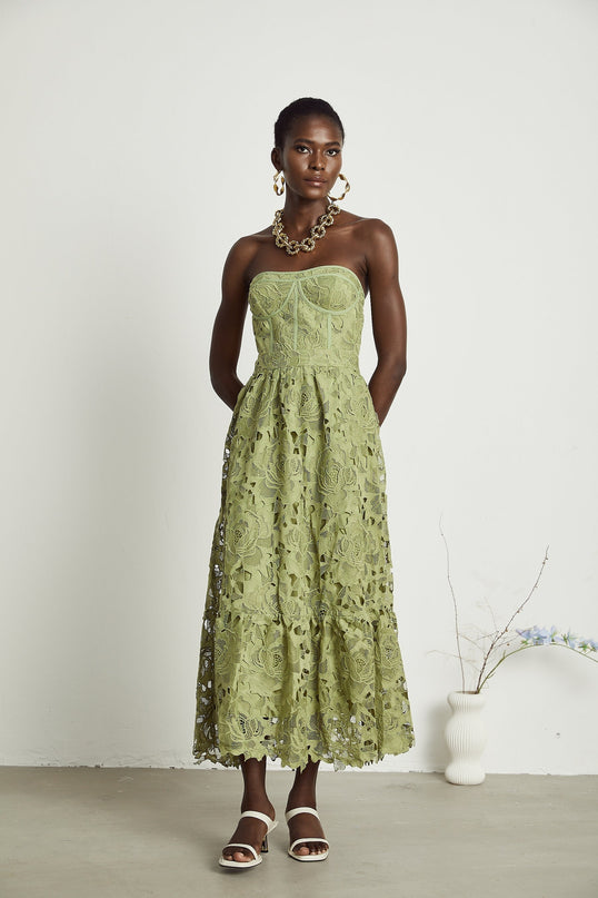 Gabriella Green Floral Midi Dress elegance sophistication allure embroidery lace trim off-shoulder bustier cut-out flounce hem high-waisted silhouette Terylene fiber luxurious blend style comfort timeless piece day evening