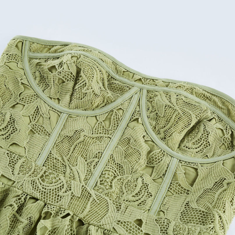 Gabriella Green Floral Midi Dress elegance sophistication allure embroidery lace trim off-shoulder bustier cut-out flounce hem high-waisted silhouette Terylene fiber luxurious style comfort timeless day evening