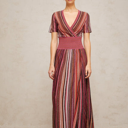 Gabriella Pink & Multicolor Maxi Dress with Metallic Thread Detailing and Vertical Stripe Pattern