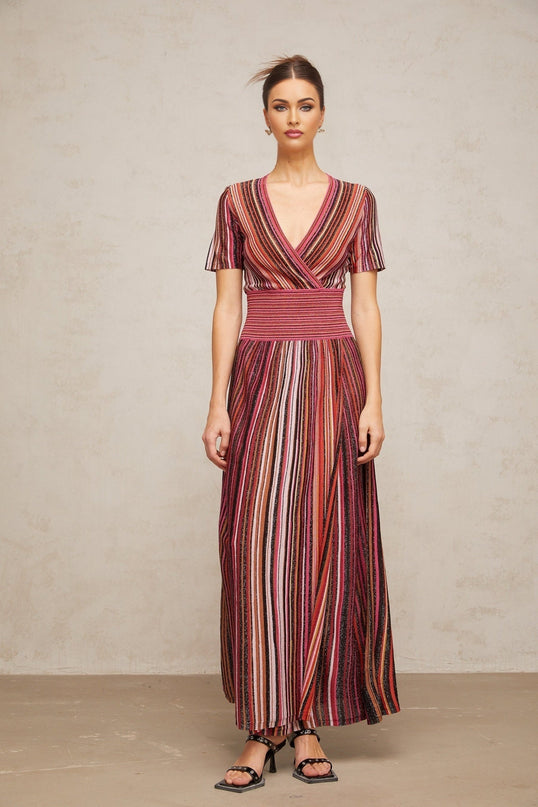 Gabriella Pink & Multicolor Maxi Dress with Metallic Thread Detailing and Vertical Stripe Pattern