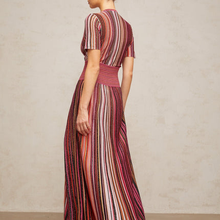 Gabriella Pink & Multicolor Maxi Dress V-Neck Metallic Thread Ribbed Knit Short Sleeves Elasticated Waistband Pleated Vertical Stripe Pattern