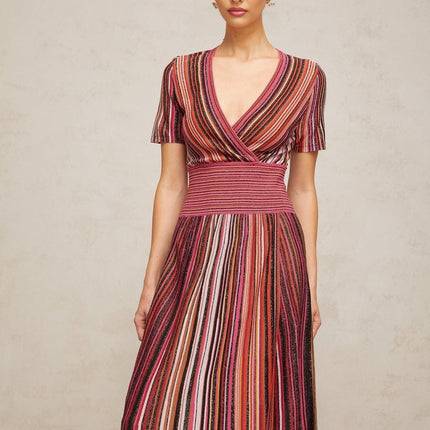 Gabriella Pink & Multicolor Maxi Dress V-Neck Metallic Thread Ribbed Knit Pleated Accents Vertical Stripe Short Sleeves Elasticated Waistband Viscose Nylon Metallic Fiber Elastane Comfort Style