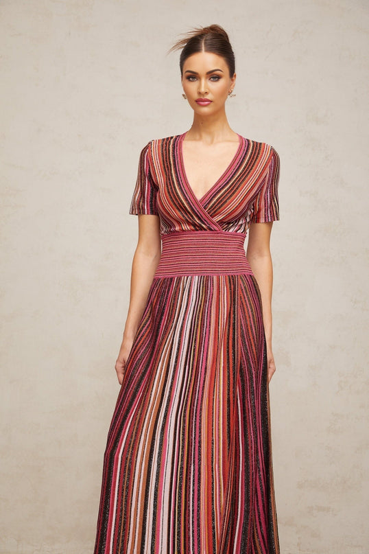 Gabriella Pink & Multicolor Maxi Dress V-Neck Metallic Thread Ribbed Knit Pleated Accents Vertical Stripe Short Sleeves Elasticated Waistband Viscose Nylon Metallic Fiber Elastane Comfort Style