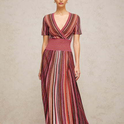 Gabriella Pink & Multicolor Maxi Dress V-neck metallic thread detailing ribbed knit fabric pleated accents vertical stripe pattern short sleeves elasticated waistband viscose nylon metallic fiber elastane blend comfort style occasion