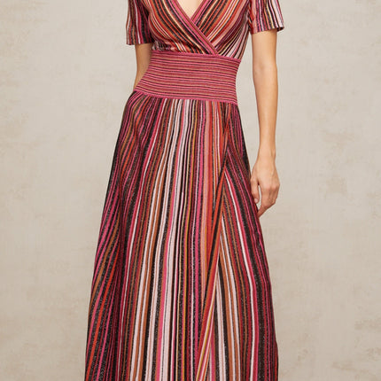 Gabriella Pink & Multicolor Maxi Dress V-neck metallic thread ribbed knit pleated accents short sleeves elasticated waistband vertical stripe pattern viscose nylon metallic fiber elastane blend elegance sophistication allure refinement luxury charm comfort style occasion